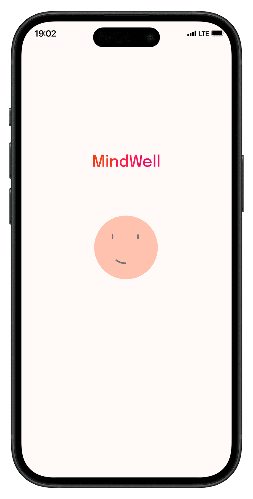 Two MindWell phone screens: the splash screen with a smiling mascot, and the home dashboard showing week 3 of 8, a 12-day streak and assessment scores