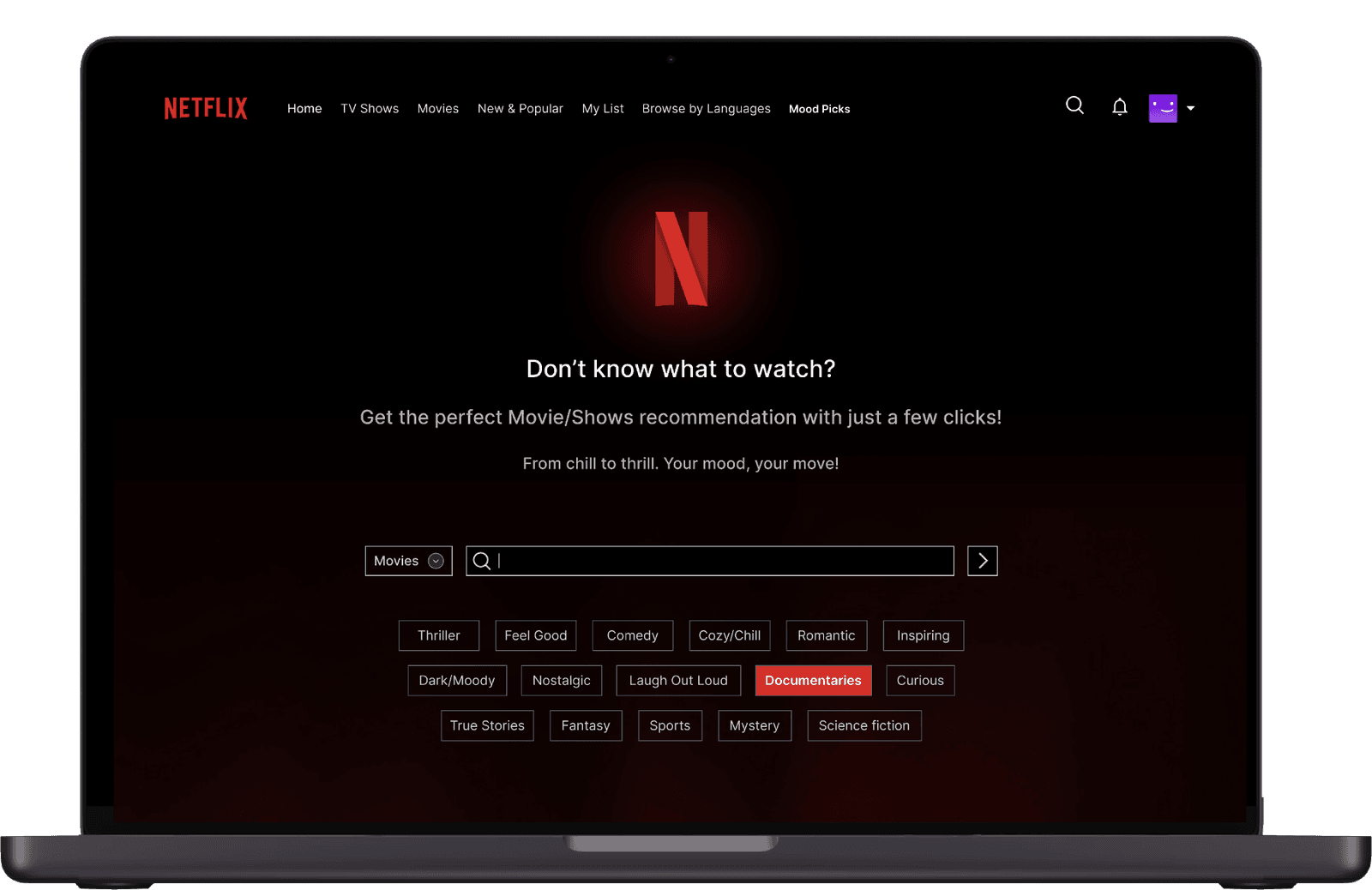 Netflix Mood Picks on a laptop: "Don't know what to watch?" with a search bar and mood chips like Thriller, Feel Good and Documentaries
